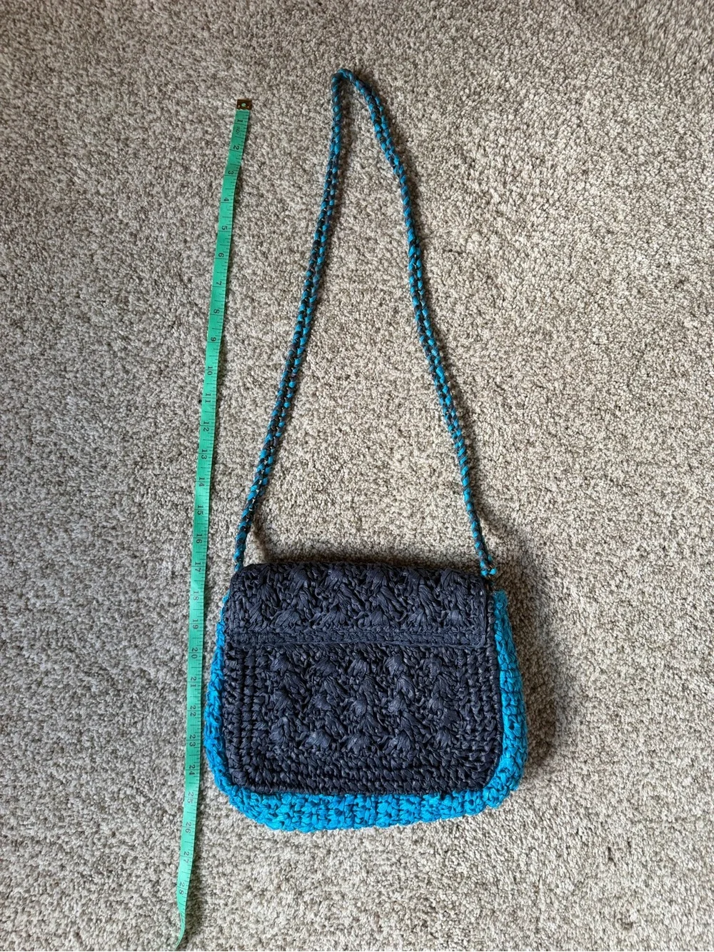 J.Crew blue, cream, and navy blue woven straw crossbody bag blue braided strap
